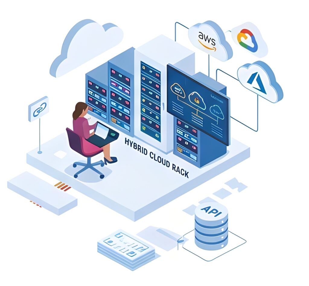 A professional working at a hybrid cloud rack, managing data and services from AWS, Google Cloud, and Microsoft Azure, highlighting cloud integration.