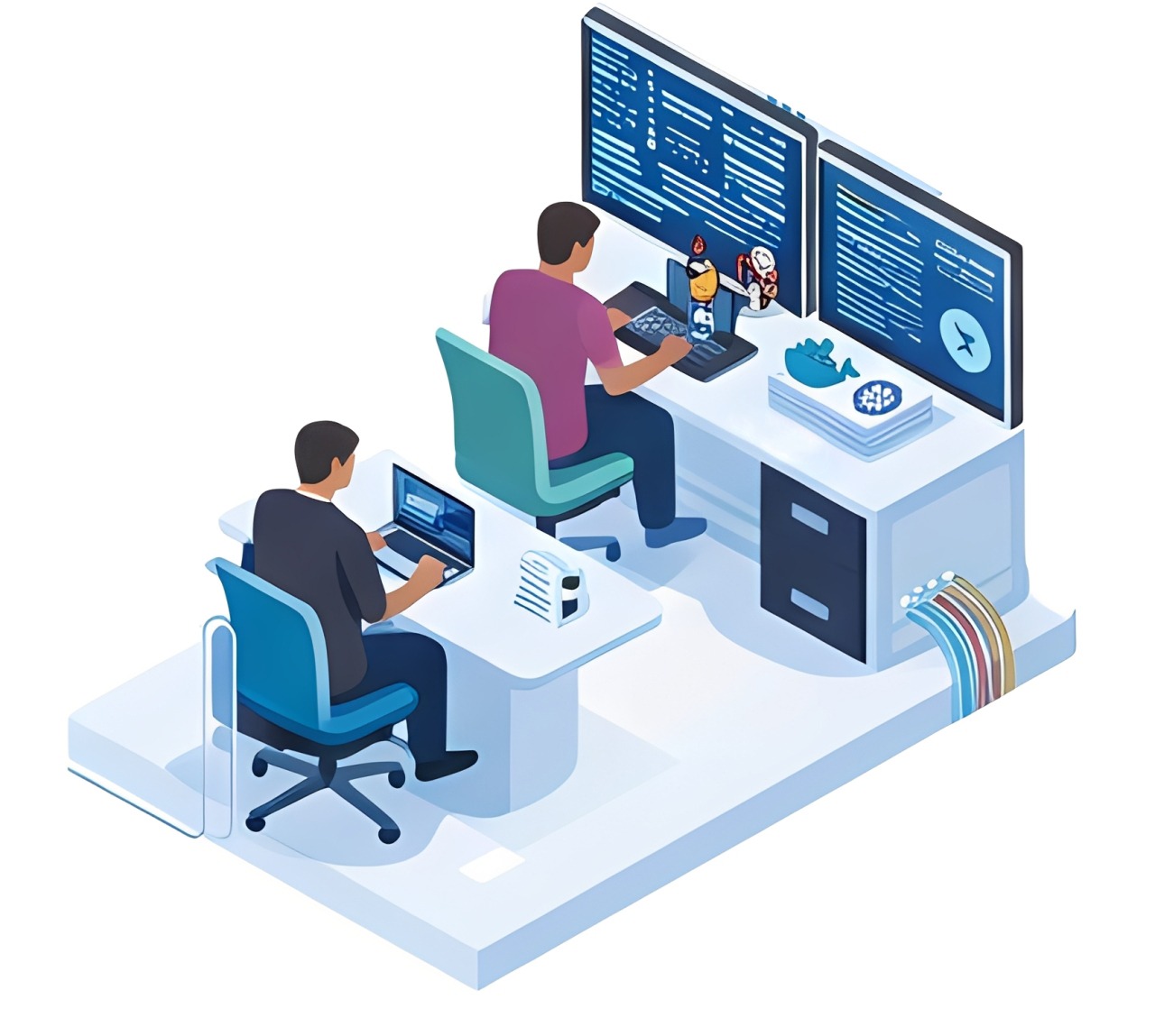 A software developer types at dual monitors, showcasing code. Nearby, icons represent data encryption, an API gateway, and secure connections.