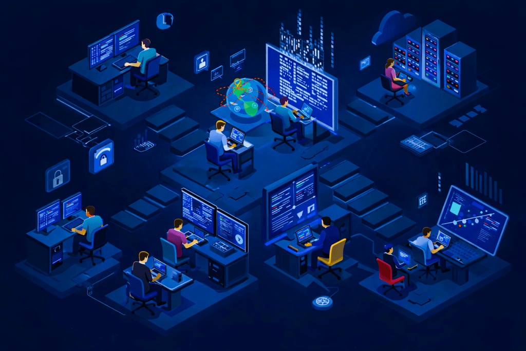 A digital workspace showcasing multiple individuals coding and analyzing data across various screens, emphasizing cybersecurity and tech collaboration.